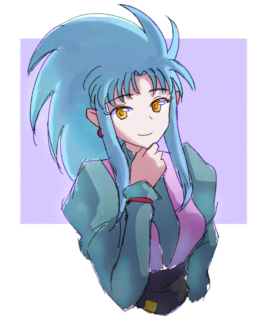 1girl big_hair blue_hair breasts closed_mouth earrings hand_up highres jewelry juliet_sleeves light_blue_hair long_hair long_sleeves looking_at_viewer medium_breasts open_clothes open_vest pink_vest puffy_sleeves ryouko_(tenchi_muyou!) smile solo tenchi_muyou! vest yellow_eyes yellow_pupils zawabug