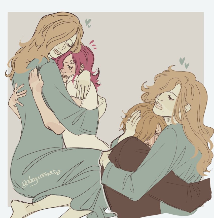 1boy 2girls black_jacket closed_eyes commentary curly_eyebrows dannymans66 dress english_commentary hair_over_one_eye heart highres hug jacket long_dress long_hair long_sleeves mother_and_daughter mother_and_son multiple_girls multiple_views one_piece sanji_(one_piece) short_hair short_sleeves tears vinsmoke_reiju vinsmoke_sora