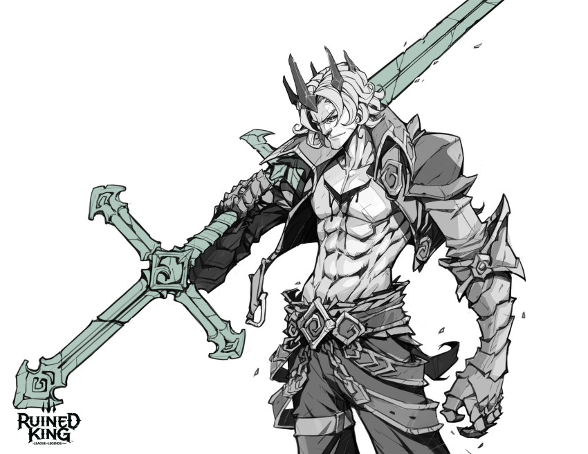 1boy abs armor belt black_sclera blood closed_mouth colored_sclera cowboy_shot cropped_jacket crown gauntlets greatsword grey_background hicham_habchi highres holding holding_sword holding_weapon jacket league_of_legends official_art open_clothes open_jacket over_shoulder pants ruined_king:_a_league_of_legends_story scar short_hair shoulder_armor simple_background solo sword viego_(league_of_legends) weapon weapon_over_shoulder white_background