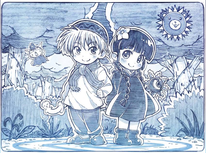 1boy 1girl blue_theme blunt_bangs blush blush_stickers braid cloud commentary_request flower gipple hair_flower hair_ornament kukuri_(mahoujin_guruguru) long_hair looking_at_viewer mahoujin_guruguru monochrome nike_(mahoujin_guruguru) sakino_shingetsu scarf short_hair sky smile sun tree