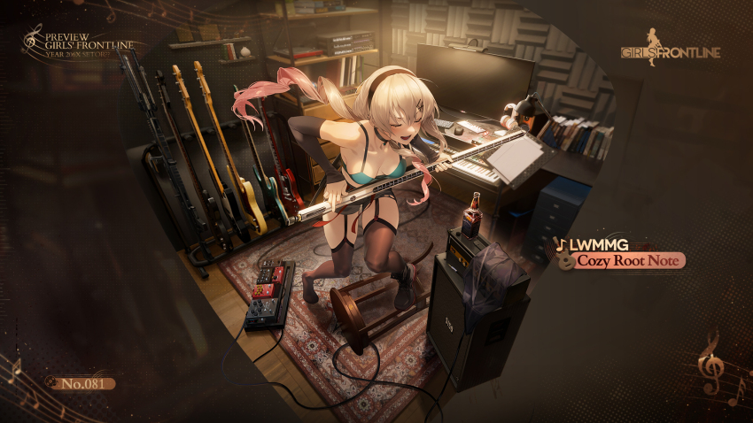 1girl acoustic_foam amplifier bass_guitar black_choker black_garter_straps black_hairband black_thighhighs bra breasts character_name choker closed_eyes collarbone commentary computer_keyboard computer_mouse copyright_name effects_pedal electric_bass_guitar english_commentary english_text full_body garter_straps girls&#039;_frontline green_bra grey_hair guitar hairband headphones highres holding indoors instrument keyboard_(instrument) long_hair lwmmg_(cozy_root_note)_(girls&#039;_frontline) lwmmg_(girls&#039;_frontline) monitor musical_note official_alternate_costume official_art pedal_board promotional_art rff_(3_percent) second-party_source solo speaker standing thighhighs thighs transparent_background underwear