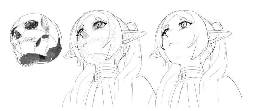 1girl capelet commentary earrings elf english_commentary expressionless frieren greyscale head_back highres how_to jewelry karassawa lineart long_pointy_ears looking_up monochrome parted_bangs parted_lips pointy_ears simple_background sousou_no_frieren teardrop_earrings thick_eyebrows twintails upper_body upward_angle_frieren_drawing_(meme) white_background