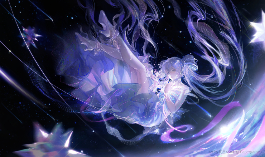 1girl absurdly_long_hair absurdres artist_name bow bow_legwear bowtie butterfly_choker chinese_commentary choker commentary_request company_name copyright_notice dress earrings expressionless eyelashes falling floating_hair frilled_dress frills full_body glowing gown grey_eyes guides_of_star_(shining_nikki) hair_bow hair_ornament high_heels highres jewelry jingjing_de_zuo_yike_shuai_xingzi leg_ribbon lipstick long_dress long_hair looking_at_viewer makeup meteor_shower nikki_(series) object_floating_above_hand parted_lips pink_lips purple_dress purple_footwear purple_hair ribbon see-through_bow see-through_clothes see-through_wrist_cuffs shining_nikki shooting_star socks solo space star_(symbol) star_hair_ornament strapless strapless_dress striped_bow striped_bowtie striped_clothes teeth twintails very_long_hair wavy_hair white_bow white_bowtie white_choker white_socks white_wrist_cuffs wrist_cuffs