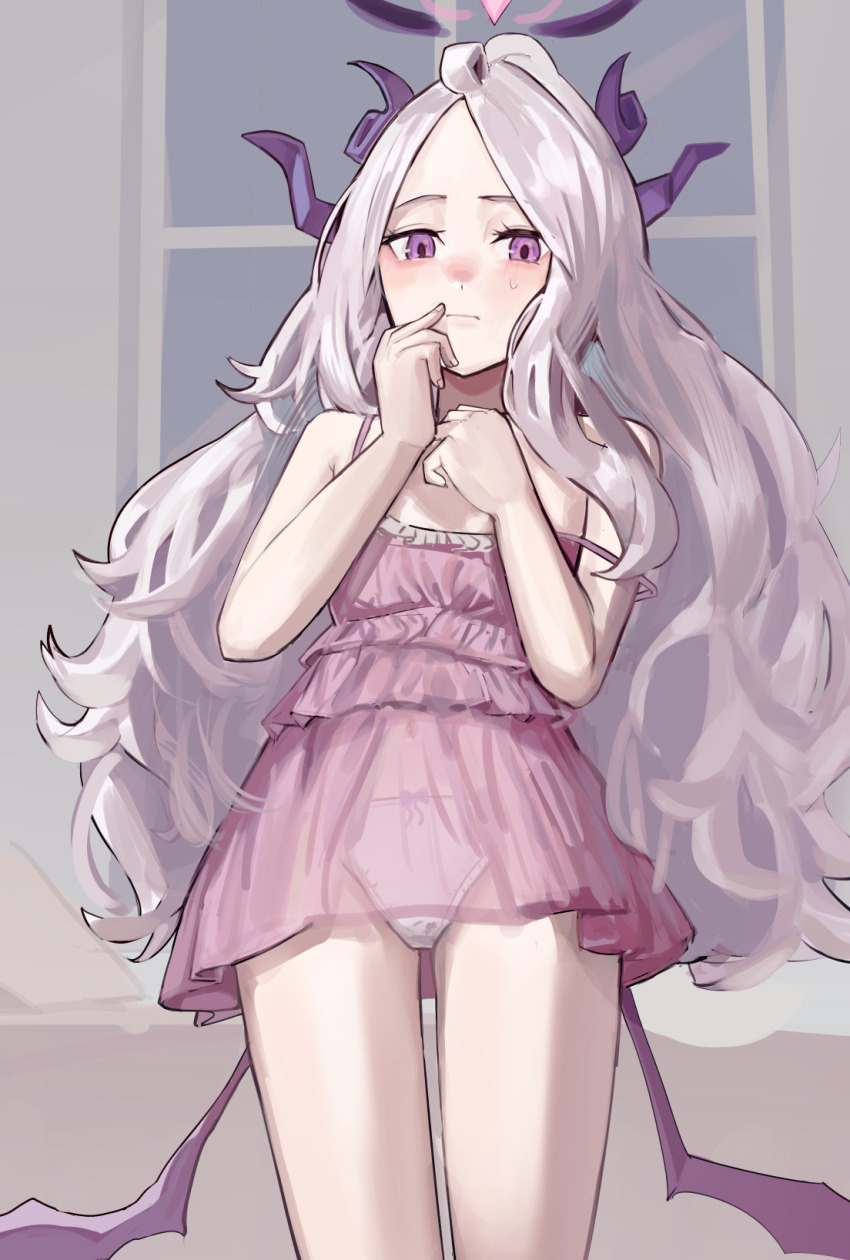 1girl babydoll black_halo blue_archive blush breasts demon_girl demon_horns demon_wings halo highres hina_(blue_archive) horns indoors loli looking_at_viewer off_shoulder panties pink_babydoll small_breasts solo solokitsune standing underwear white_panties window wings