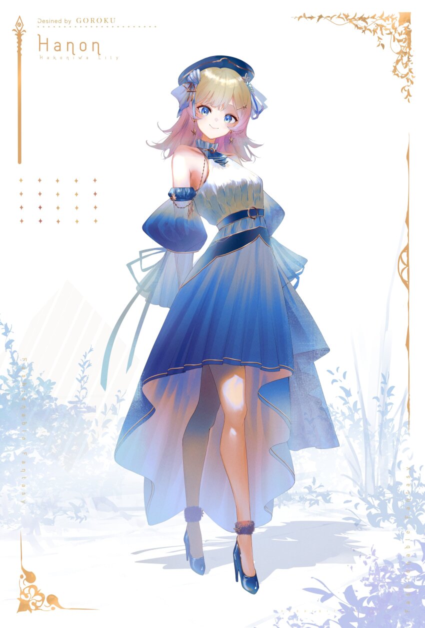 1girl absurdres aiceclass anklet bare_shoulders beret black_footwear blonde_hair blue_eyes blue_hat blue_skirt blue_sleeves border breasts closed_mouth collared_shirt detached_sleeves goroku gradient_hair hanon_(aiceclass) hat high-low_skirt high_heels highres inset_border jewelry large_breasts legs_apart long_bangs long_sleeves looking_at_viewer multicolored_hair ornate_border pink_hair pleated_skirt shirt simple_background skirt sleeveless sleeveless_shirt smile solo virtual_youtuber white_background white_shirt