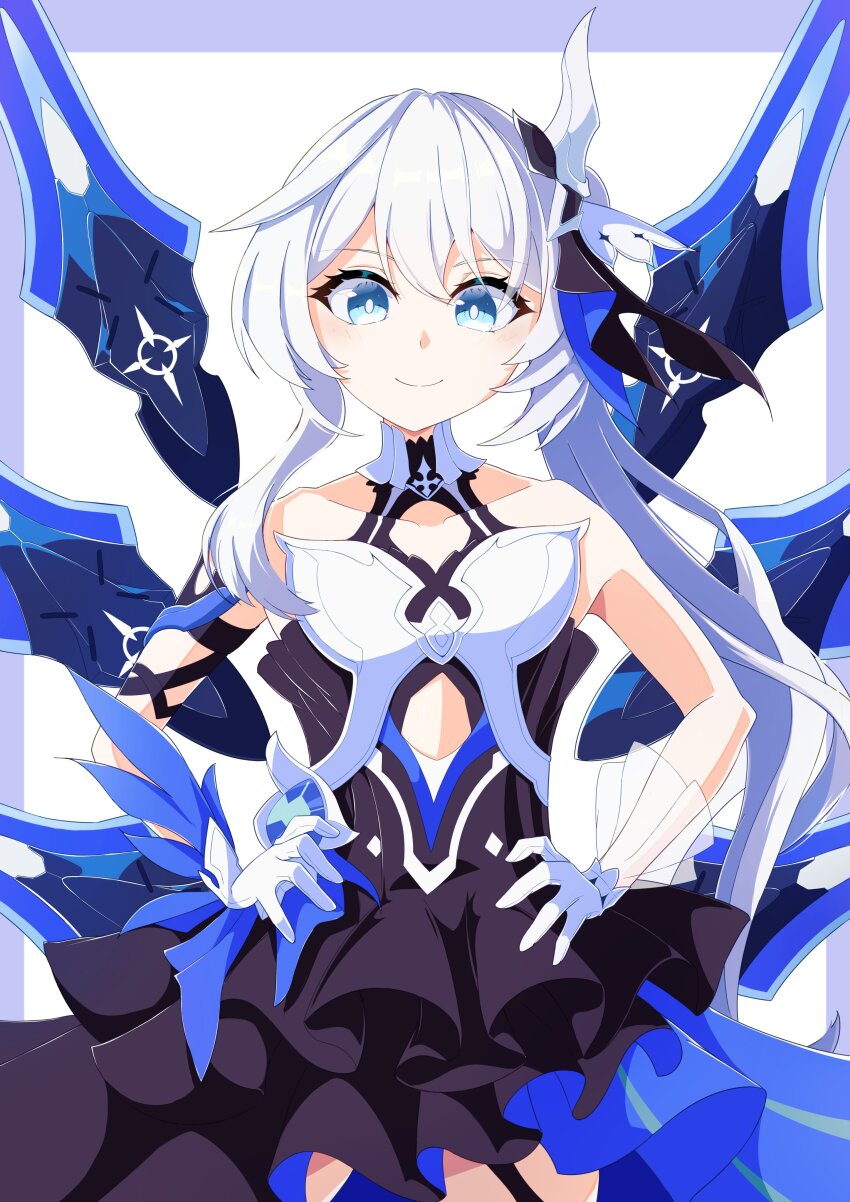 1girl absurdres bare_shoulders black_dress blue_eyes breasts closed_mouth collarbone commentary_request covered_collarbone dress eight_(eight3rd1) gloves hair_between_eyes hands_on_own_hips highres honkai_(series) honkai_impact_3rd long_hair looking_at_viewer purple_background see-through_clothes small_breasts smile solo standing theresa_apocalypse theresa_apocalypse_(twilight_paladin) two-tone_background very_long_hair white_background white_gloves white_hair