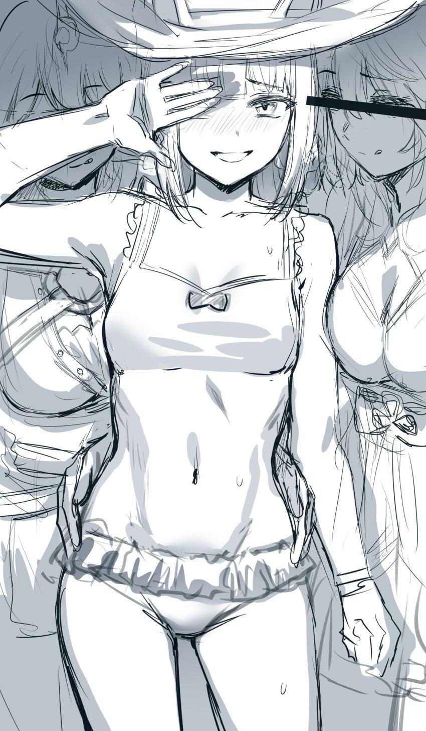 blush hat hews highres looking_at_viewer monochrome navel sweep_tosho_(umamusume) umamusume witch_hat