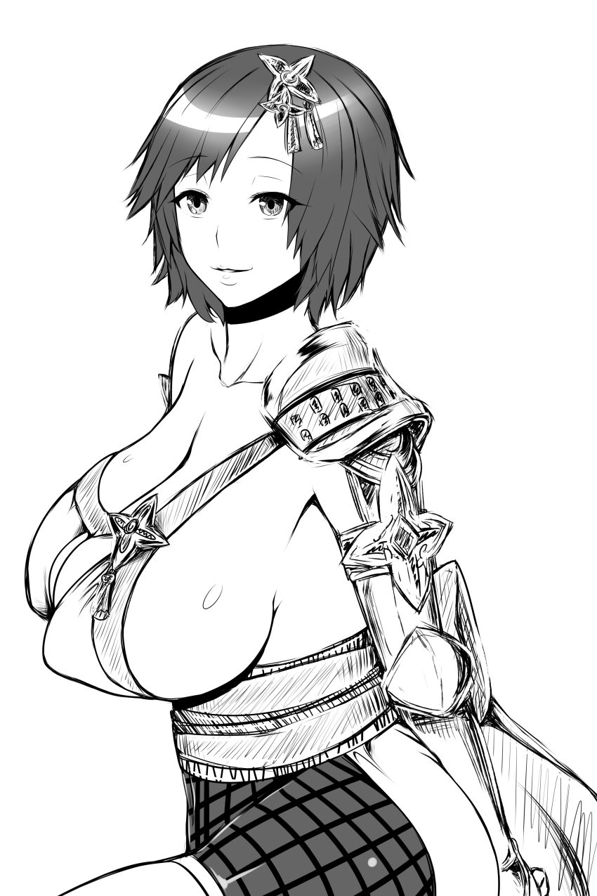 absurdres armor breasts cleavage covered_erect_nipples hair_ornament highres japanese_clothes kimono kurotama large_breasts lips miniskirt monochrome nene nene_(sengoku_musou) obi sash sengoku_musou sideboob sketch skirt smile swept_bangs