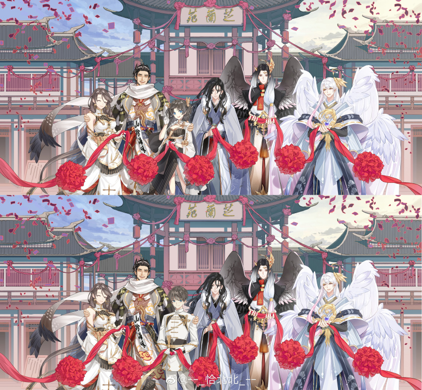 2girls 5boys :d ^_^ absurdres architecture bare_shoulders beard black_coat black_dress black_eyes black_gloves black_hair black_robe black_sash black_shawl black_wings blue_eyes bracelet brown_hair butterfly_hair_ornament cape chinese_clothes chinese_commentary closed_eyes closed_mouth coat coat_on_shoulders confetti cowboy_shot curtained_hair daxiushan day dress earrings east_asian_architecture eyeshadow facial_hair facing_viewer family feather_trim feathered_wings female_master_(the_tale_of_food) fingerless_gloves flower fur-trimmed_cape fur_trim gloves gradient_hair grey_cape group_picture hair_between_eyes hair_ornament hair_over_shoulder hair_slicked_back hairband hand_on_another&#039;s_shoulder hanfu happy highres holding holding_ribbon hu-geng_(the_tale_of_food) jewelry ji_(the_tale_of_food) long_dress long_hair long_sleeves looking_at_another looking_at_viewer low-tied_long_hair makeup male_master_(the_tale_of_food) medium_hair multicolored_hair multiple_boys multiple_girls multiple_wings official_art open_mouth pants parted_bangs peng_keng_(the_tale_of_food) pink_hair pinstripe_dress pinstripe_pattern qiabeibei red_eyes red_flower red_ribbon red_sash red_scarf ribbon robe sash scarf shawl short_hair shrug_(clothing) single_sidelock sleeveless sleeveless_dress smile standing swept_bangs tangzhuang tassel the_tale_of_food two-tone_dress two_side_up v variations very_long_hair watermark wavy_hair weibo_watermark white_dress white_gloves white_hair white_hairband white_pants white_robe white_scarf white_shawl white_wings wide_sleeves wing_hair_ornament wings xiangyun yellow_eyeshadow yizhi_(the_tale_of_food) zhi-geng_(the_tale_of_food)