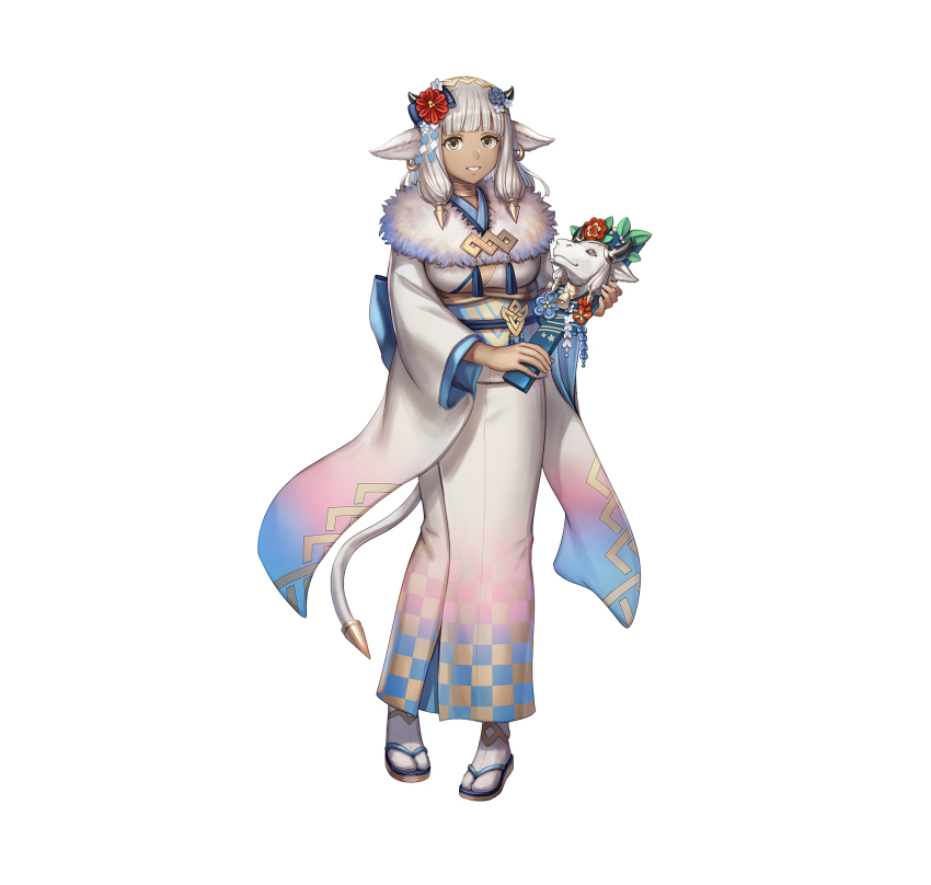 1girl anbe_yoshirou animal_ears ash_(fire_emblem) ash_(new_year)_(fire_emblem) breasts cow_ears cow_horns dark-skinned_female dark_skin earrings fire_emblem fire_emblem_heroes fur-trimmed_kimono fur_trim hagoita hair_tie highres hoop_earrings horns japanese_clothes jewelry kimono long_hair looking_at_viewer medium_breasts nintendo official_art paddle sandals smile tabi tail white_background white_hair zouri