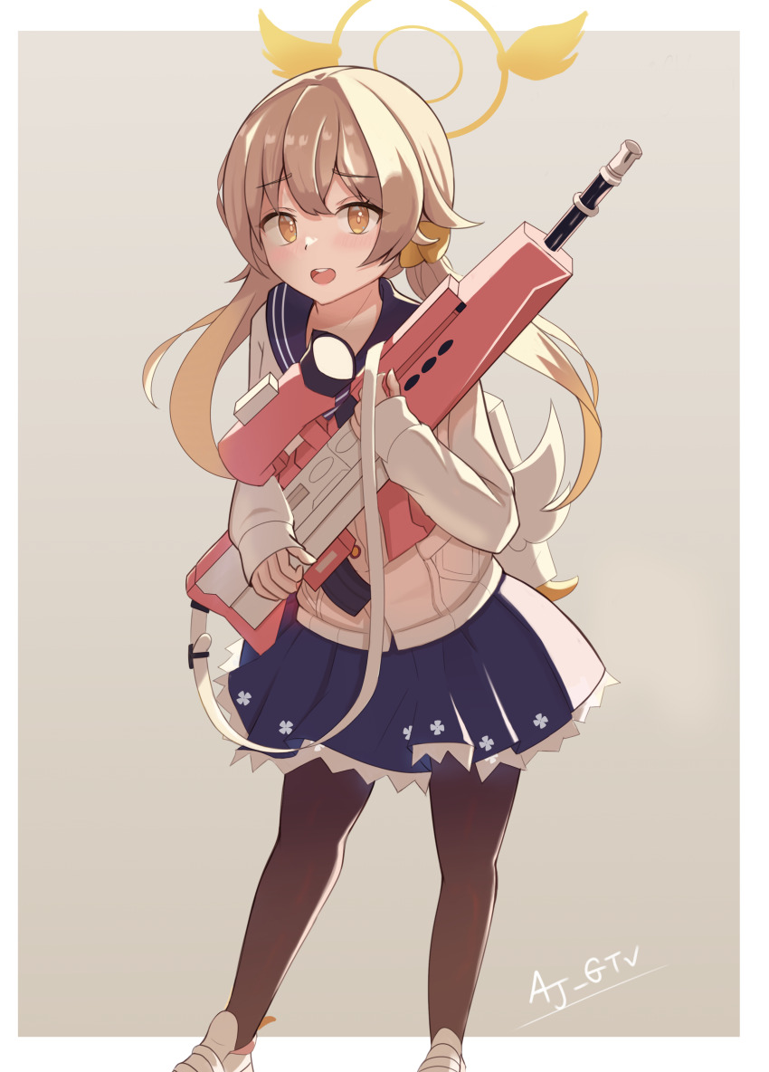 1girl absurdres aj_gtv assault_rifle backlighting black_pantyhose blue_archive blue_sailor_collar blue_skirt brown_hair bullpup cardigan gun gun_sling halo hifumi_(blue_archive) highres holding holding_weapon l85 low_twintails open_mouth pantyhose rifle sailor_collar school_uniform serafuku shoes simple_background skirt solo twintails weapon white_cardigan white_shoes winged_halo yellow_eyes yellow_halo
