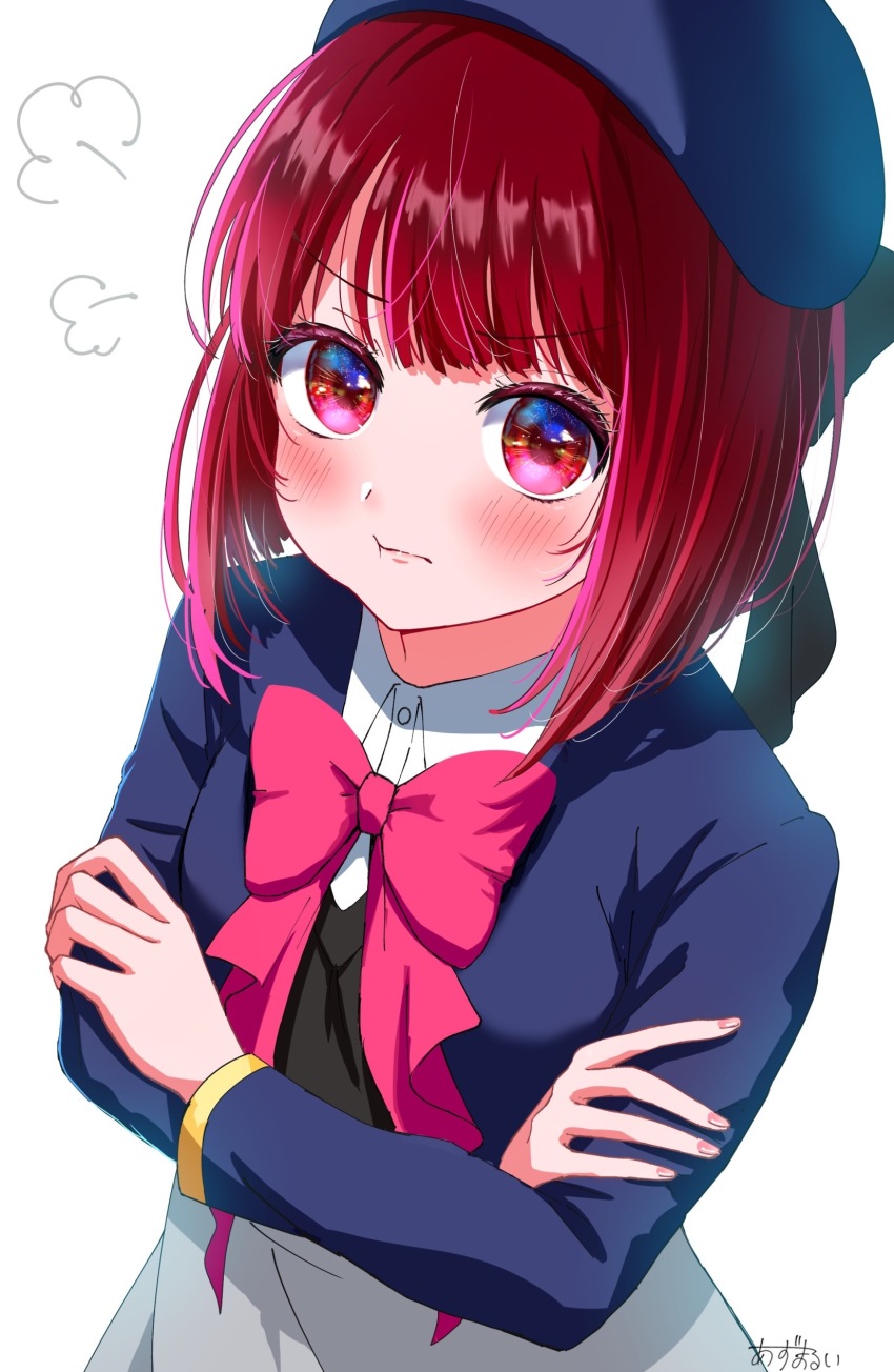 1girl absurdres arima_kana blush bob_cut bow closed_mouth commentary_request crossed_arms hat highres jacket looking_at_viewer oshi_no_ko red_eyes red_hair ribbon school_uniform shirt short_hair skirt solo user_wkyr4228 white_background youtou_high_school_uniform