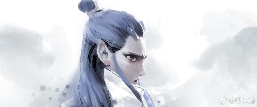 1boy ao_bing_(nezha_zhi_motong_jiangshi) blue_eyes dragon_boy eastern_dragon_horns faux_traditional_media from_side hair_bun highres ink_wash_painting long_hair looking_at_viewer male_focus nezha_zhi_motong_jiangshi official_art parted_lips pointy_ears profile solo upper_body v-shaped_eyebrows watermark weibo_watermark wenxu_xu white_background