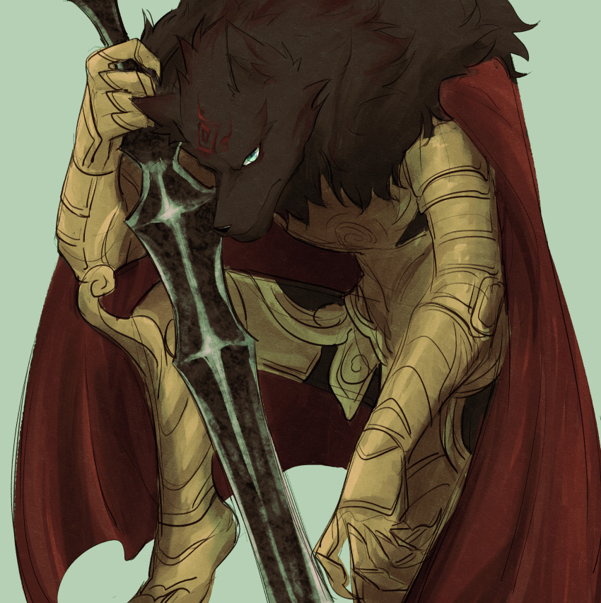 1boy absurdres animal_ears armor black_fur cape closed_mouth dog_nose facial_mark fate_(series) forehead_mark furry furry_male gold_armor green_eyes highres holding holding_sword holding_weapon kukochihiko_(fate) looking_at_viewer male_focus red_cape sitting sword vincent-san weapon wolf_boy wolf_ears