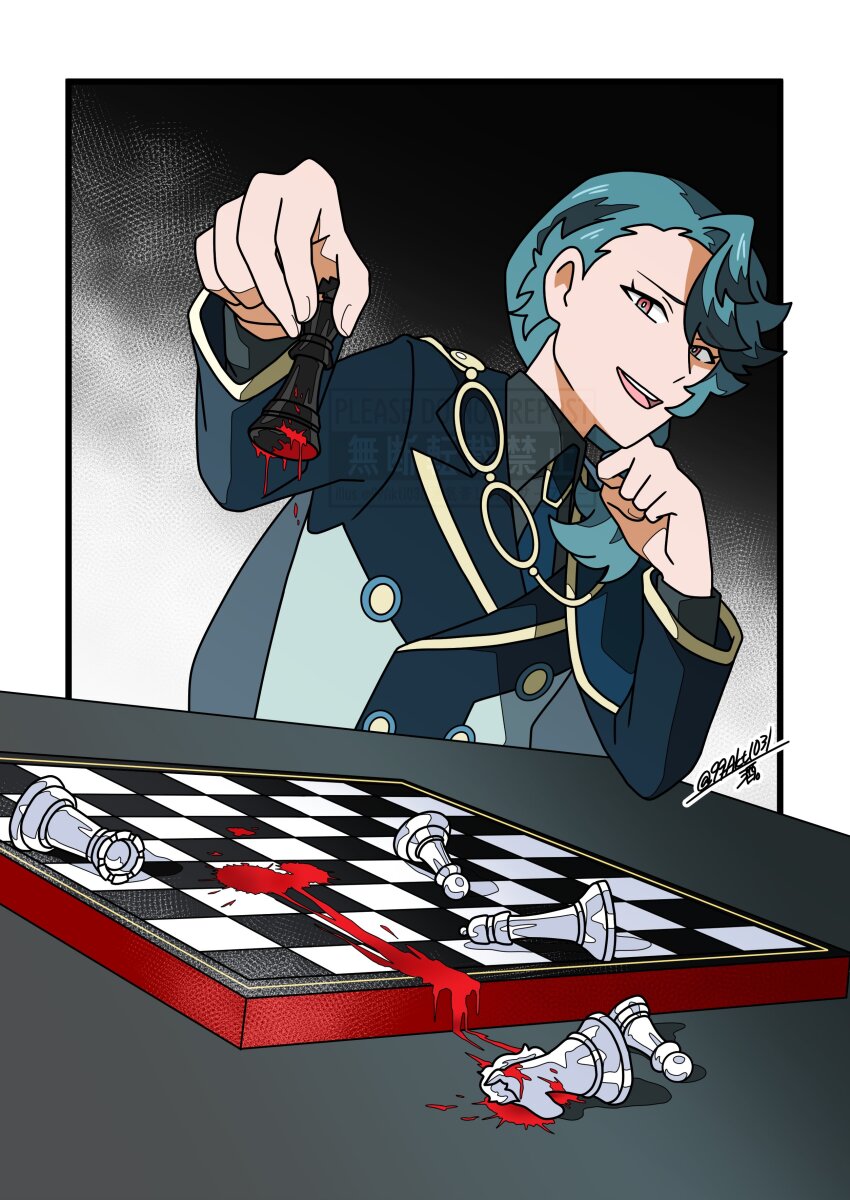 1boy 99akt1031 absurdres blood blue_coat border chessboard coat creatures_(company) game_freak highres looking_at_viewer male_focus nintendo open_mouth outside_border partially_shaded_face pokemon pokemon_(anime) pokemon_horizons red_eyes signature smile solo spinel_(pokemon) teeth upper_teeth_only watermark white_border