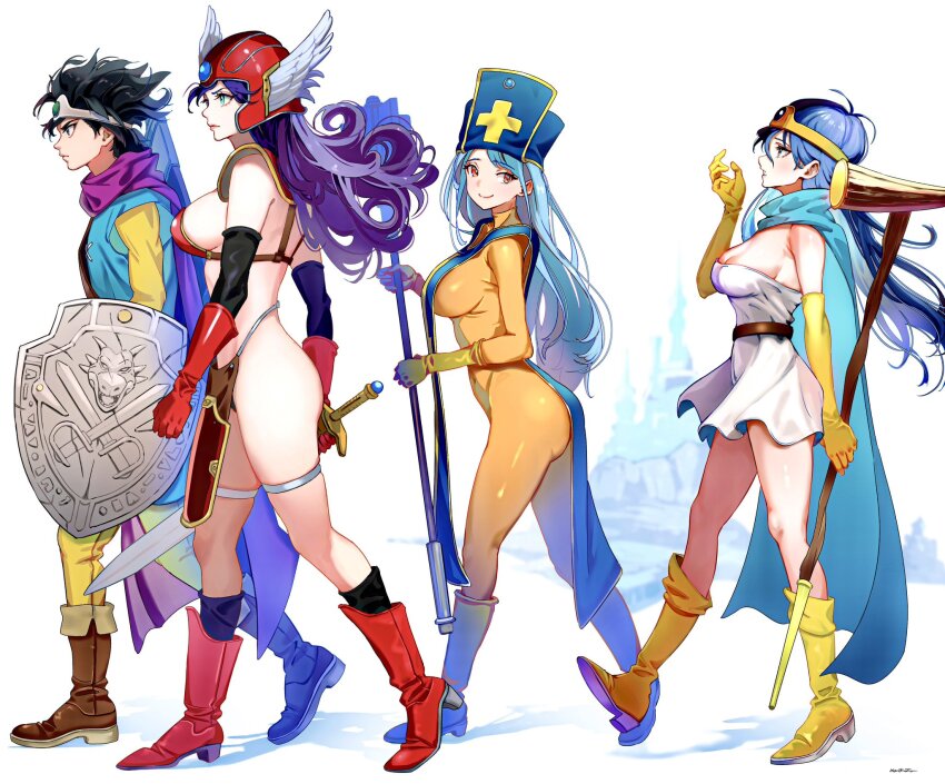 1boy 3girls aqua_cape armor bikini_armor black_hair blue_eyes blue_gemstone blue_hair blue_hat blue_tabard blue_tunic bodysuit boots breasts brown_boots cape circlet cleavage commentary_request curly_hair dragon_quest dragon_quest_iii dress from_side full_body gem gloves gold_circlet green_gemstone hat helmet hero_(dq3) highres holding holding_shield holding_staff holding_sword holding_weapon jewelry large_breasts long_hair medium_hair mitre multiple_girls numao_sub orange_bodysuit priest_(dq3) profile purple_cape purple_hair red_armor red_boots red_eyes red_gloves red_helmet roto_(dq3) sage_(dq3) scabbard sheath shield sideboob silver_circlet silver_thighlet staff strapless strapless_dress sword tabard thighlet tunic walking warrior_(dq3) weapon white_background white_dress winged_helmet yellow_boots yellow_gloves