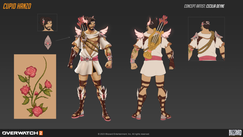 1boy 2023 arm_tattoo artist_name beard bow_(weapon) bracelet brown_hair ceciclia_deyne closed_mouth commentary concept_art cupid cupid_hanzo english_commentary english_text facial_hair flower full_body hanzo_(overwatch) heart highres jewelry logo looking_to_the_side male_focus nipples official_alternate_costume official_art overwatch overwatch_1 overwatch_2 pink_flower pink_headwear pink_rose pink_wings rose solo standing tattoo toes valentine weapon wings