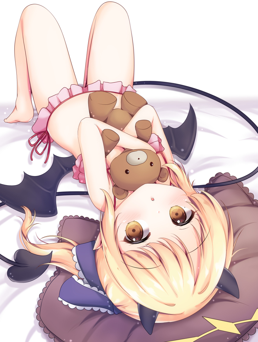 1girl :o absurdres alternate_costume barefoot bikini black_horns black_ribbon black_tail black_wings blonde_hair blue_archive blush demon_girl demon_horns demon_tail demon_wings dot_nose feet frilled_bikini frilled_ribbon frills grandapple71 hair_ribbon halo head_on_pillow highres horns hugging_object ibuki_(blue_archive) knees_up loli long_hair looking_at_viewer lying on_back on_bed open_mouth pillow pink_bikini pointy_ears ribbon side-tie_bikini_bottom side_ponytail sidelocks solo stuffed_animal stuffed_toy swimsuit tail teddy_bear thighs toes upside-down very_long_tail wings yellow_halo