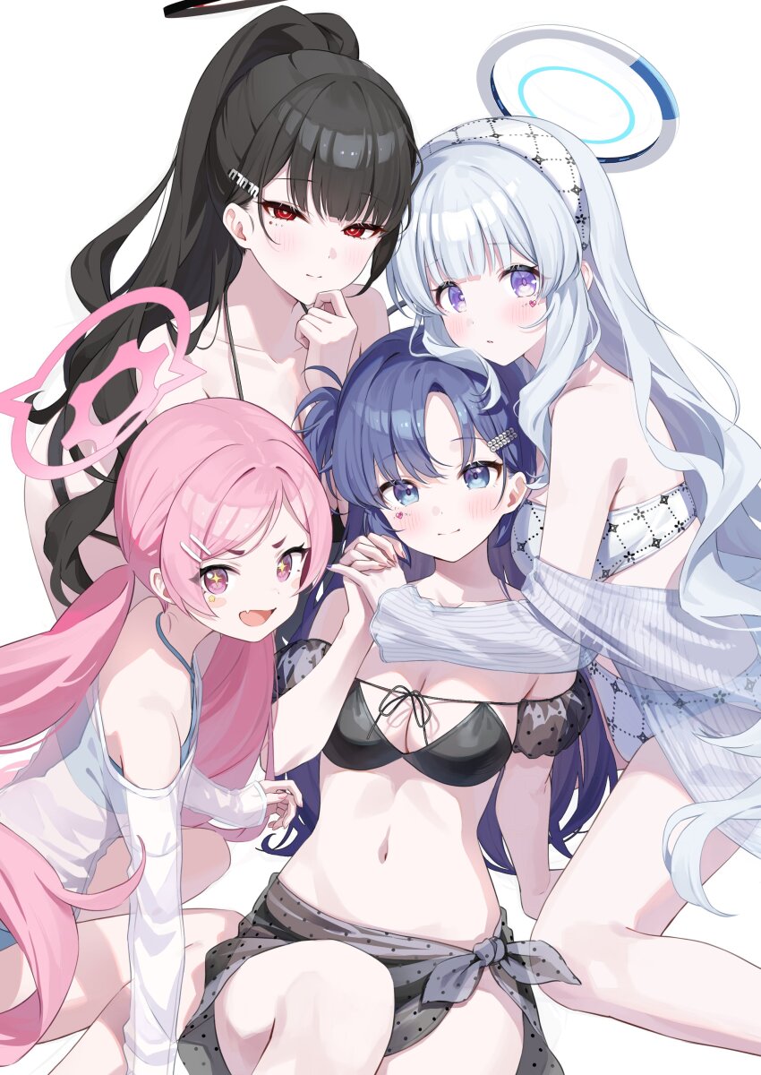 +_+ 4girls :d absurdres alternate_costume alternate_hairstyle bare_shoulders bikini black_bikini black_hair black_halo blue_archive blue_eyes blunt_bangs blush blush_stickers breasts bright_pupils cleavage closed_mouth collarbone commentary_request cowboy_shot fang feet_out_of_frame grey_hair hair_behind_ear hair_ornament hairclip halo halterneck heart heart_sticker highres holding_hands hug interlocked_fingers jacket jacket_partially_removed kneeling koyuki_(blue_archive) large_breasts long_hair long_sleeves looking_at_viewer low_twintails mechanical_halo medium_breasts momomoi_momoi multiple_girls navel noa_(blue_archive) open_mouth parted_bangs pink_eyes pink_hair pink_halo ponytail purple_eyes purple_hair red_eyes rio_(blue_archive) seminar_(blue_archive) shirt sidelocks simple_background sitting skin_fang smile smug split_mouth star-shaped_pupils star_(symbol) star_sticker sticker sticker_on_face straight_hair swimsuit symbol-shaped_pupils tareme textless_version thick_eyebrows tsurime twintails two_side_up v-shaped_eyebrows very_long_hair white_background white_bikini white_halo white_pupils white_shirt yuuka_(blue_archive)