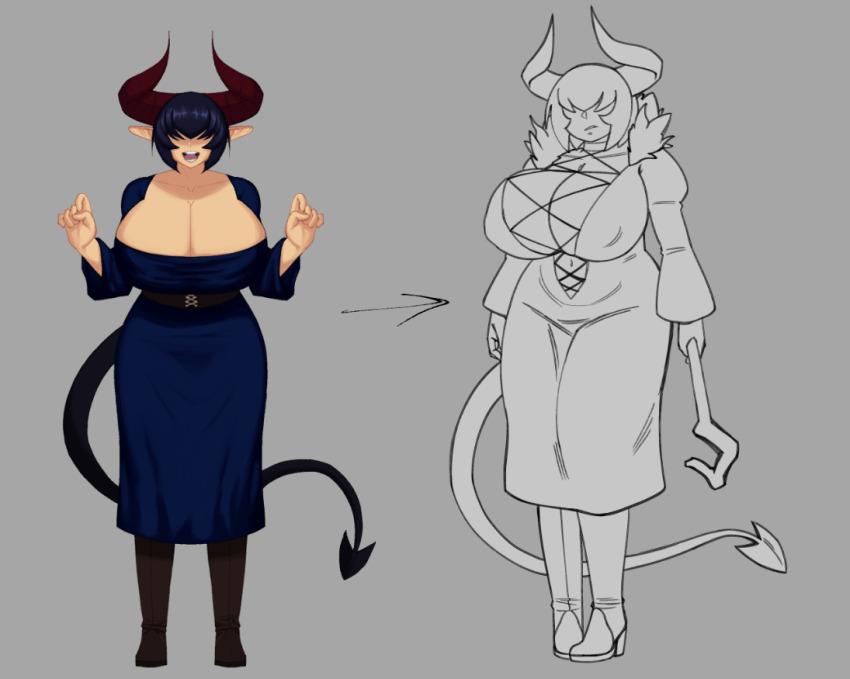 1girl armorv1 blue_dress breasts cleavage demon_girl demon_horns demon_tail dress facing_viewer female_focus hair_over_eyes horns huge_breasts looking_at_viewer solo standing tail thick_thighs thighs w_arms wide_hips