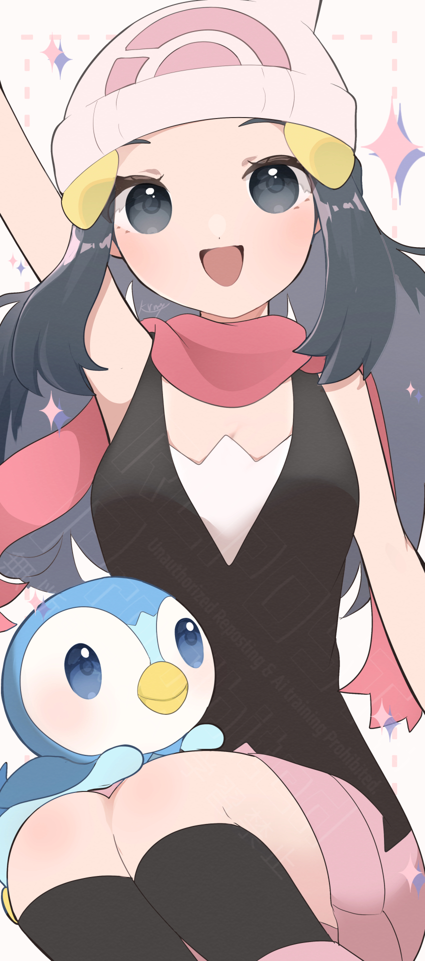 1girl :d absurdres arm_up beanie black_hair black_socks boots commentary_request dawn_(pokemon) gen_4_pokemon grey_eyes hair_ornament hairclip happy hat highres kneehighs kurumiya_(krmy_p) long_hair nintendo open_mouth pink_boots pink_skirt piplup pokemon pokemon_(creature) pokemon_dppt pokemon_on_leg scarf skirt smile socks sparkle white_background white_hat