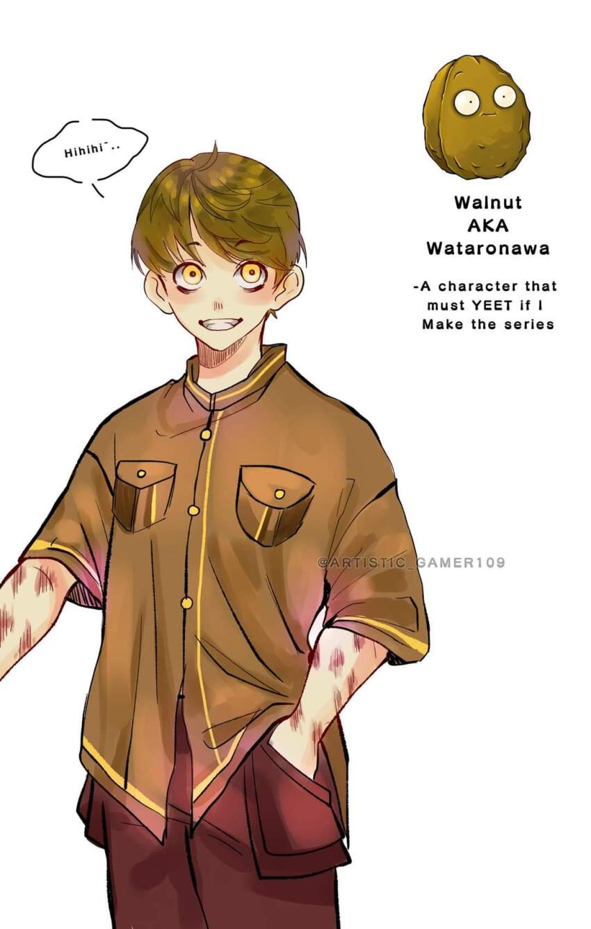 1boy breast_pocket brown_hair brown_shirt bruise bruise_on_arm character_name collared_shirt commentary_request cowboy_shot dark_brown_pants facing_viewer hand_in_pocket highres humanization injury looking_up male_focus multicolored_shirt personification plants_vs_zombies pocket reka-san shirt short_hair simple_background smile speech_bubble tagme teeth wall-nut_(plants_vs_zombies) walnut white_background yellow_eyes yellow_shirt yellow_stripes