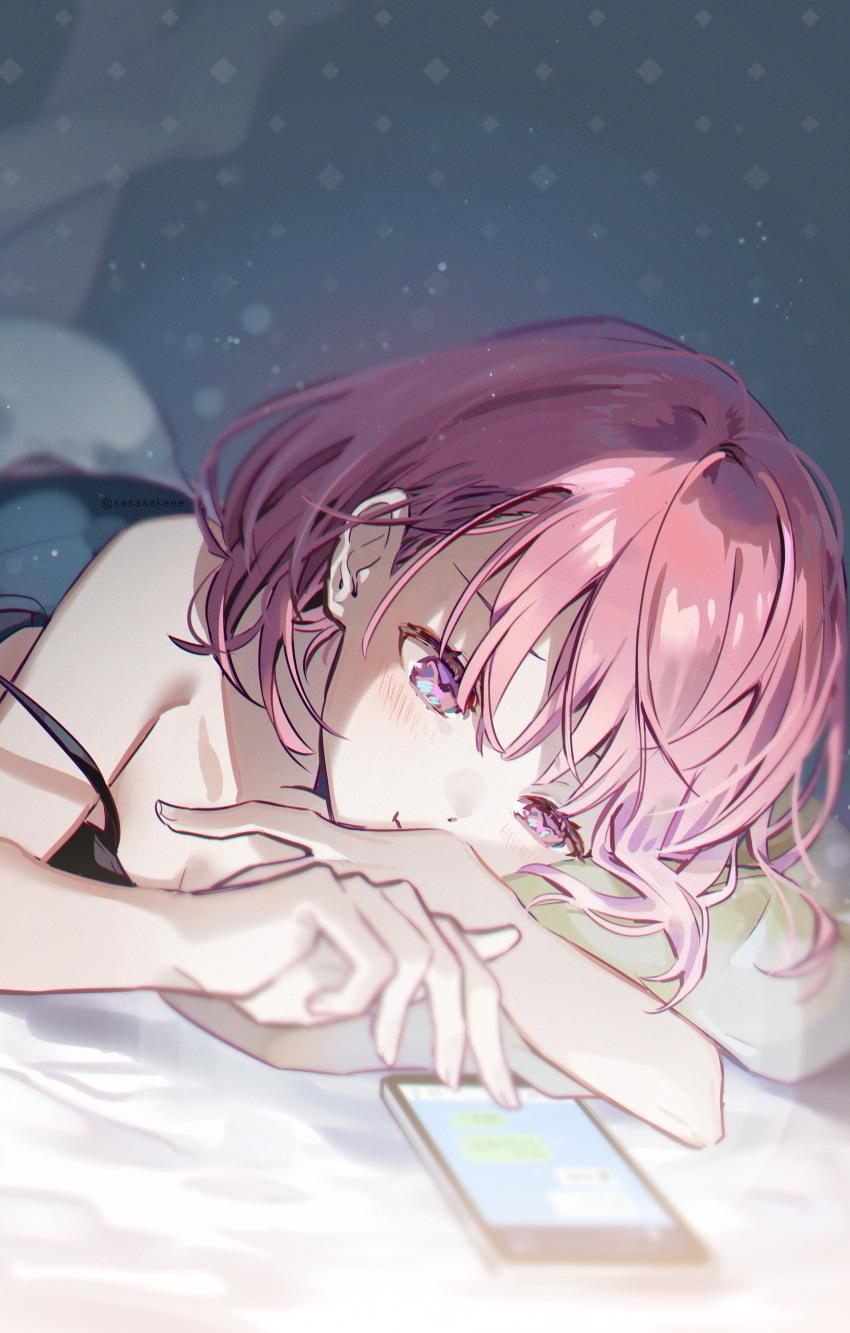 1girl absurdres bed_sheet blurry blurry_background blush bokeh breasts cellphone closed_mouth commentary_request depth_of_field highres kaisake_(utp) looking_at_object medium_hair original phone pink_hair smartphone solo