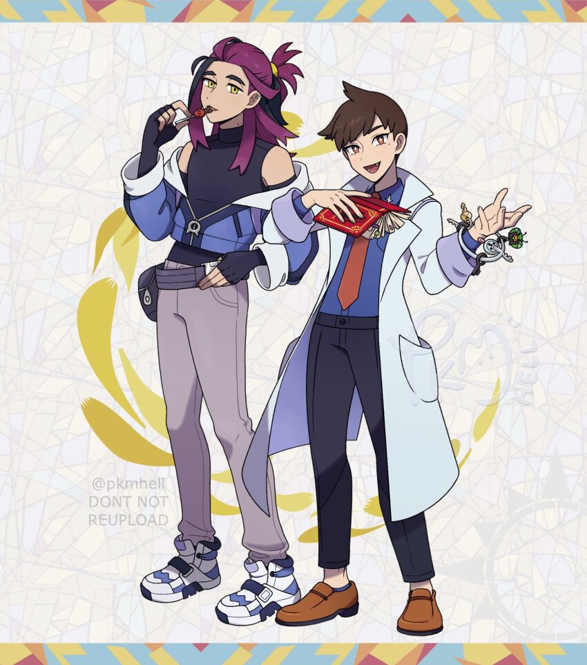 2boys :d aged_up belt black_gloves black_hair black_pants black_shirt blue_jacket blue_shirt book bright_pupils brown_eyes brown_footwear brown_hair candy coat commentary fang fingerless_gloves florian_(pokemon) food gen_6_pokemon gloves grey_pants hand_on_own_hip hand_up highres holding holding_book jacket kieran_(pokemon) klefki lollipop looking_at_viewer male_focus multicolored_hair multiple_boys necktie nintendo open_clothes open_coat open_mouth pants pokemon pokemon_(creature) pokemon_sv purple_hair red_necktie shirt shoes short_hair sleeveless sleeveless_shirt smile standing submashell tongue twitter_username two-tone_hair white_footwear white_pupils yellow_eyes