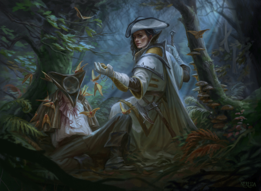 1boy 1girl artist_name axe black_footwear black_hair boots bug butterfly european_clothes facial_scar forest gloves hat hatchet_(axe) highres insect magic:_the_gathering mushroom nature nereida_art outdoors pants scar scar_on_cheek scar_on_face tree tricorne watermark white_gloves