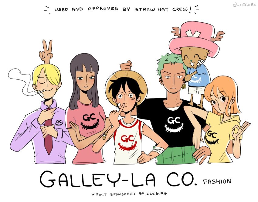 2girls 4boys ^_^ antlers black_hair black_shirt blonde_hair blunt_bangs cesel cigarette closed_eyes commentary cross devil_fruit_power earrings elbow_on_another&#039;s_shoulder english_commentary extra_arms green_hair hair_over_one_eye hand_on_own_hip haramaki hat hood horns jewelry looking_at_viewer medium_hair monkey_d._luffy multiple_boys multiple_girls nami_(one_piece) nico_robin nose_picking on_shoulder one_piece orange_hair pink_hat pink_shirt reindeer_antlers roronoa_zoro sanji_(one_piece) shirt short_hair smoke straw_hat straw_hat_pirates t-shirt tank_top tony_tony_chopper twitter_username v white_tank_top