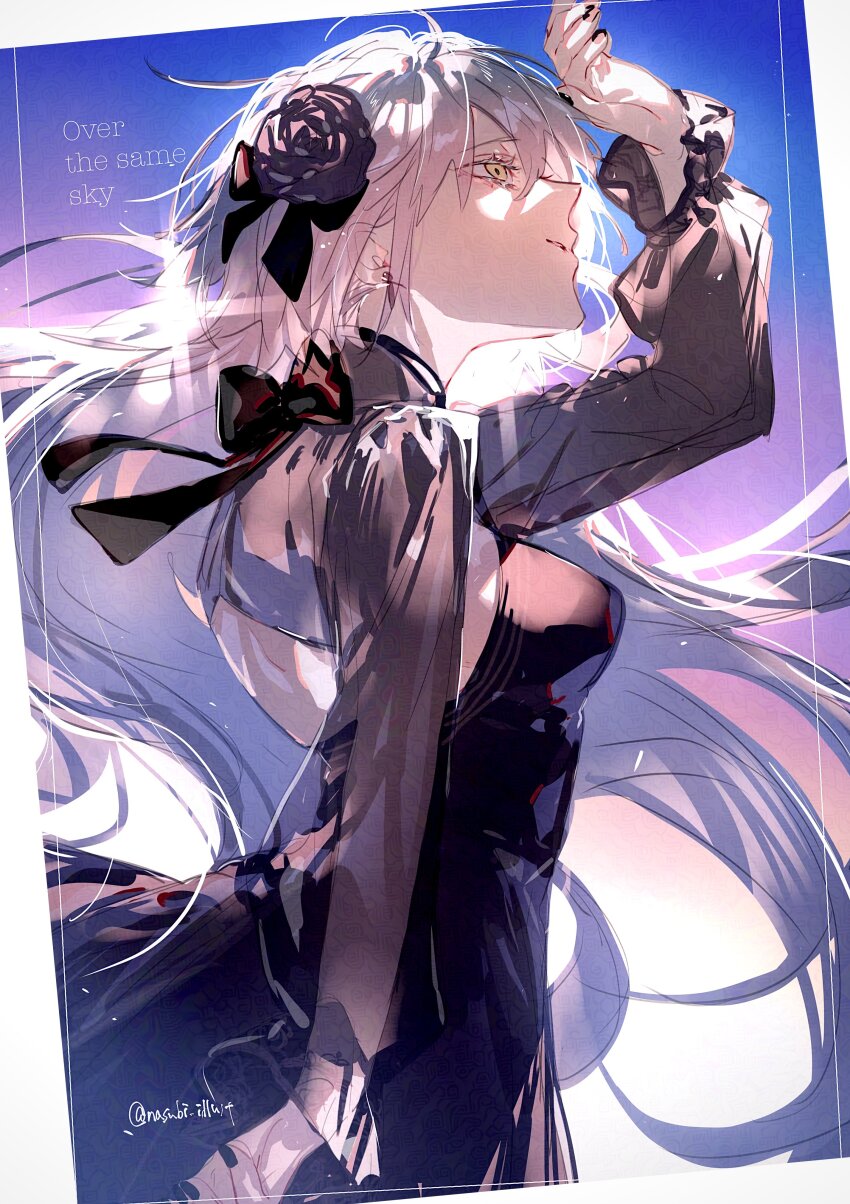 1girl absurdres adversarial_noise ahoge arm_at_side artist_name back_cutout black_bow black_dress bow breasts clothing_cutout colored_eyelashes commentary_request dress earrings fate/grand_order fate_(series) floating_earrings flower from_side grey_hair hair_between_eyes hair_flower hair_ornament highres jeanne_d&#039;arc_alter_(fate) jeanne_d&#039;arc_alter_(over_the_same_sky)_(fate) jewelry long_hair long_sleeves looking_up nasubi_illust parted_lips purple_flower purple_rose rose see-through_clothes see-through_sleeves shading_eyes sideboob solo twitter_username very_long_hair white_hair yellow_eyes