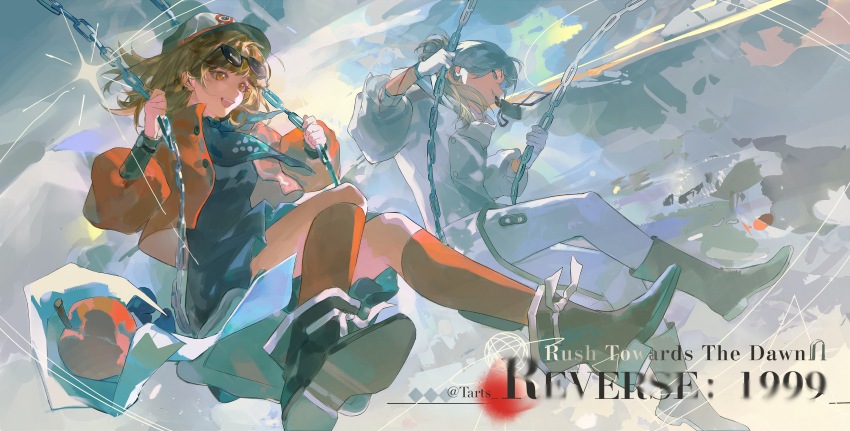 1girl 1other :d absurdres ankle_boots apple apple_(reverse:1999) black_boots black_bow black_bowtie blue_dress blue_neckerchief boots bow bowtie brown_hair card coat copyright_name dress english_text eyewear_on_head food fruit full_body grey_pants hat highres holding holding_card id_card jacket long_sleeves medicine_pocket mouth_hold neckerchief newsboy_cap on_swing open_clothes open_jacket open_mouth orange_eyes pants polka_dot_neckerchief ponytail puffy_long_sleeves puffy_sleeves red_jacket red_socks regulus_(reverse:1999) reverse:1999 shoe_soles short_dress short_hair sitting smile socks sunglasses swing swinging_on_swing traditional_bowtie white_coat white_hair yi_fen_ta