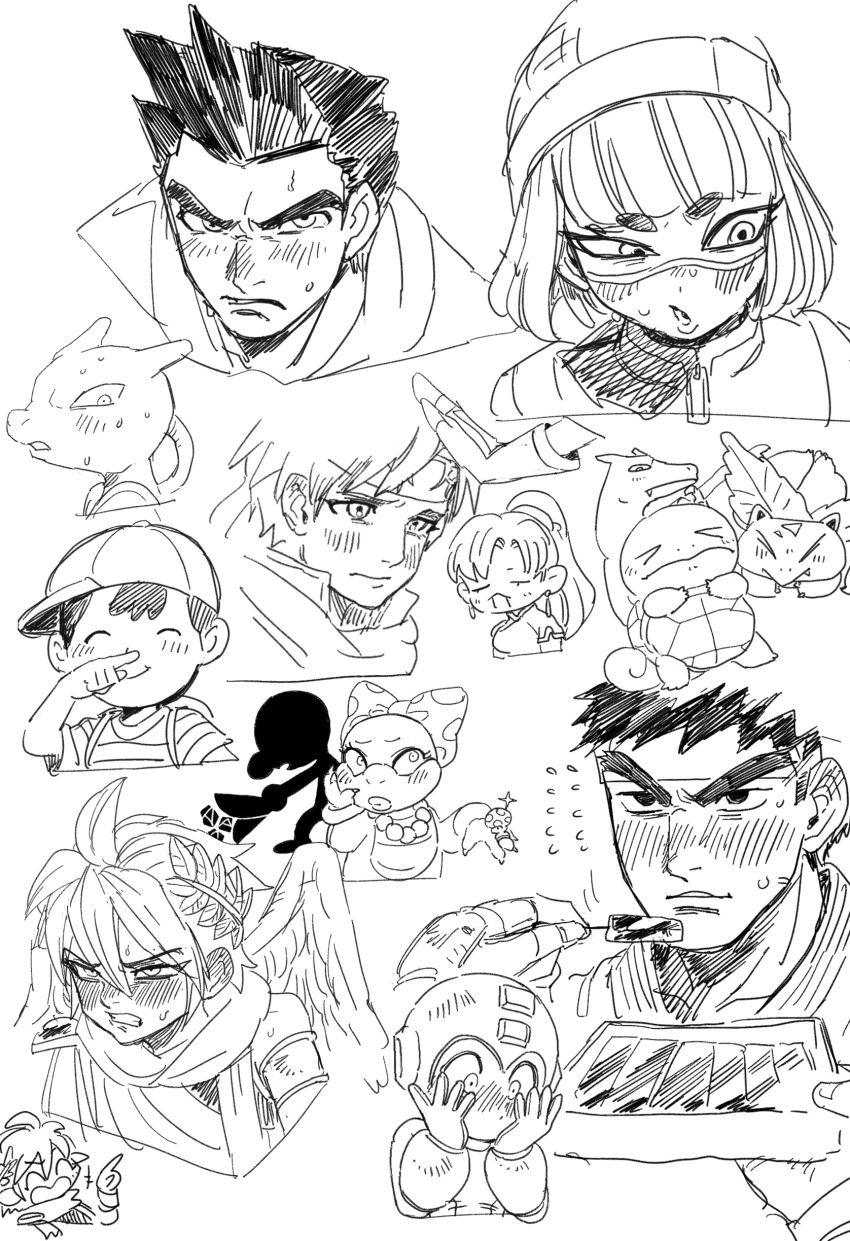 3girls 6+boys arms_(game) blush charizard creatures_(company) dancho_no_mori dark_pit disembodied_hand fire_emblem game_&amp;_watch game_freak gen_1_pokemon ivysaur kid_icarus legendary_pokemon little_mac lyn_(fire_emblem) mario_(series) mega_man_(classic) mega_man_(series) mewtwo min_min_(arms) monochrome mother_(series) mr._game_&amp;_watch multiple_boys multiple_girls ness_(mother_2) nintendo pit_(kid_icarus) pokemon punch-out!! roy_(fire_emblem) ryu_(street_fighter) sketch squirtle street_fighter super_smash_bros. wendy_o._koopa
