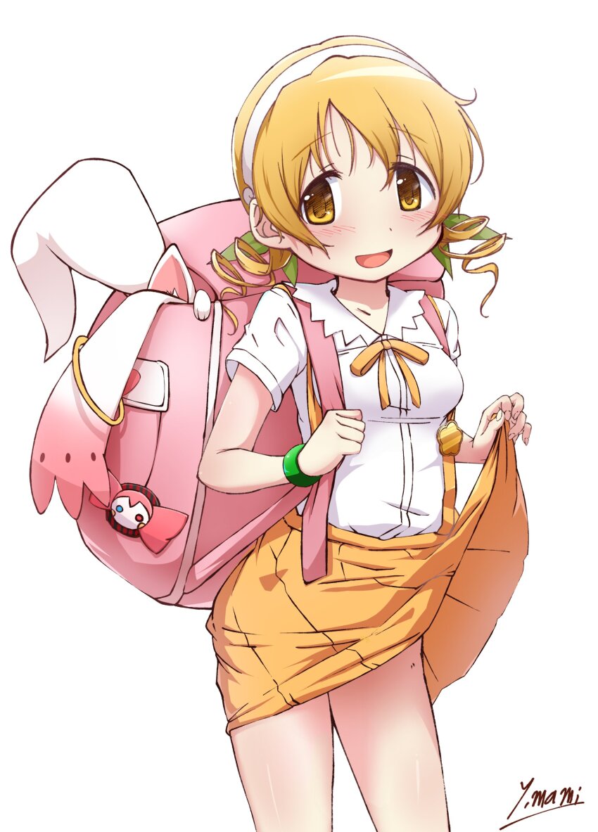 1girl absurdres backpack bag blonde_hair charlotte_(madoka_magica) clothes_lift collar company_connection cosplay hachikuji_mayoi hachikuji_mayoi_(cosplay) highres in_bag in_container kyubey medium_hair monogatari_(series) pink_bag shirt short_sleeves skirt skirt_lift solo tomoe_mami white_shirt yanmaami yellow_eyes yellow_skirt