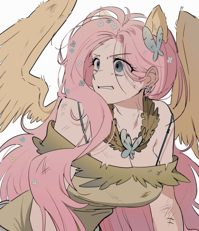 1girl animal_ears animification aqua_eyes bad_id bad_twitter_id bare_shoulders blue_flower breasts butterfly_hair_ornament butterfly_ornament cleavage colored_skin dress flower fluttershy green_dress hair_flower hair_ornament highres horse_ears horse_girl horse_tail humanization large_breasts leaf_necklace long_hair looking_to_the_side memoji_7672 messy_hair my_little_pony my_little_pony:_friendship_is_magic pegasus_wings pink_hair simple_background single_sidelock sleeveless sleeveless_dress solo standing tail teeth v-shaped_eyebrows wavy_hair white_background wings yellow_flower yellow_skin