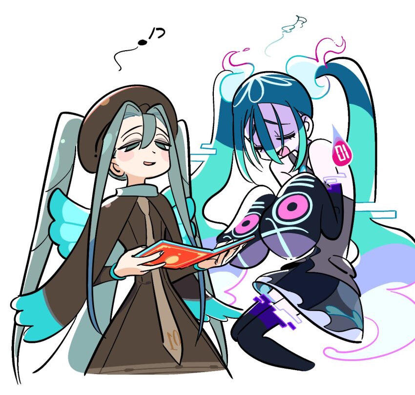 2girls aqua_hair bare_shoulders black_sleeves black_thighhighs blue_hair blue_wings book brown_dress brown_hat brown_necktie bug_miku_(project_voltage) butterfly_wings closed_eyes detached_arm detached_legs dress eyeshadow fake_wings ghost_miku_(project_voltage) glitch gradient_hair green_eyes green_hair grey_eyeshadow grey_shirt hair_between_eyes hair_through_headwear hat hatsune_miku highres holding holding_book insect_wings long_hair long_necktie long_sleeves makeup multicolored_hair multiple_girls music necktie nintendo open_mouth pale_skin pokemon print_sleeves project_voltage see-through_clothes see-through_skirt shirt simple_background singing skirt sleeves_past_fingers sleeves_past_wrists soondeaguck standing thighhighs twintails upper_body very_long_hair vocaloid white_background will-o&#039;-the-wisp_(mythology) wings