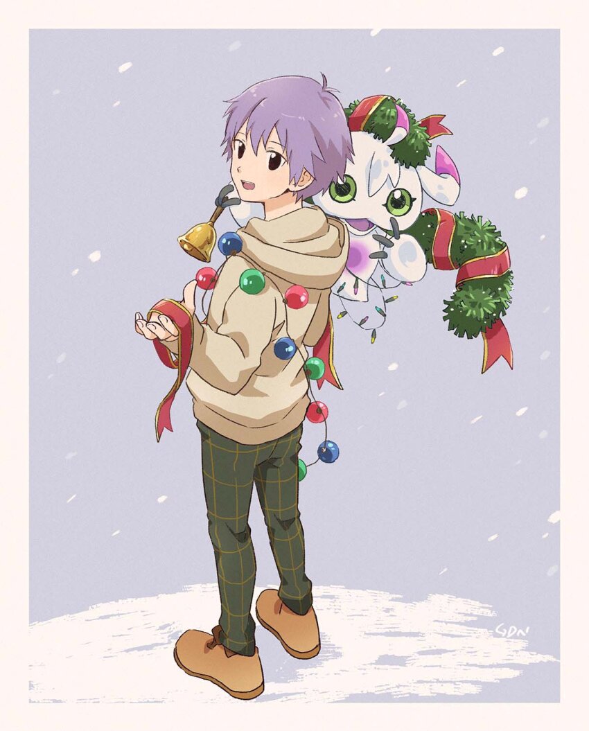 black_eyes christmas digimon digimon_(creature) green_eyes happy highres looking_at_viewer owada_rui smile snowing ukkomon
