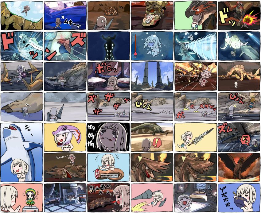 ! 3girls agnaktor alatreon bed blood boulder bra breasts capcom ceadeus chibi cliff comic delex deviljho doraemon dragonator fireball glowing great_jaggi guild_sweetheart happy hat highres honekawa_suneo jaggi jaggi_mask jhen_mohran jumping knife lamp lance lava lingerie monster_hunter_(series) monster_hunter_3 moon multiple_girls night nosebleed pillow plant polearm rathalos roaring rock shark shark_attack shield silent_comic skirt smile spear table tail tears tsukumo_(soar99) underwear uragaan weapon wings