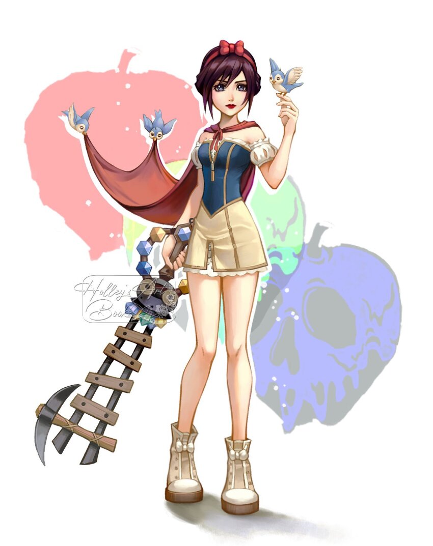 1girl alternate_costume apple bird bird_on_hand blue_eyes boots bow breasts cape cosplay dress food fruit full_body hair_between_eyes hair_bow hairband highres holding holding_weapon hollypolllyy kairi_(kingdom_hearts) keyblade kingdom_hearts medium_breasts multicolored_dress off-shoulder_dress off_shoulder puffy_short_sleeves puffy_sleeves red_bow red_cape red_hair red_hairband red_lips shoes short_dress short_hair short_sleeves skull snow_white_(disney) snow_white_(disney)_(cosplay) solo weapon yellow_shoes