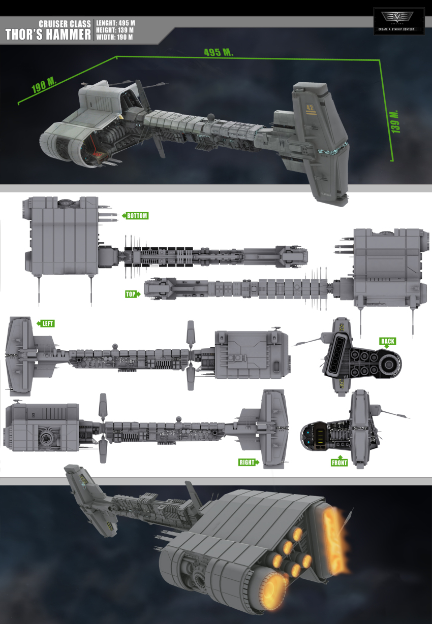 3d abbadonfix battlecruiser_(eve_online) caldari_state_(eve_online) reference_sheet commentary concept_art copyright_name eve_online flying from_side glowing highres logo machinery military_vehicle multiple_views no_humans original radio_antenna science_fiction spacecraft thrusters vehicle_focus
