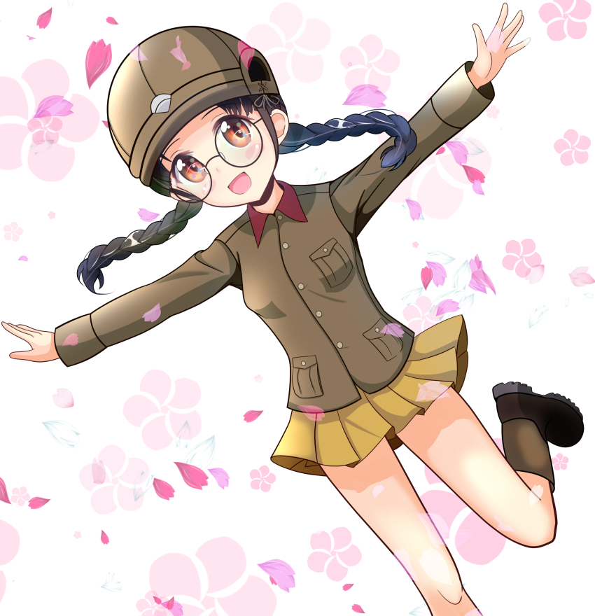 1girl black_hair blush blush_stickers braid breasts brown_eyes character_name chi-hatan_military_uniform fukuda_haru girls_und_panzer glasses helmet highres kumaisao looking_at_viewer military_uniform miniskirt open_mouth simple_background skirt small_breasts smile solo twin_braids twintails yellow_skirt