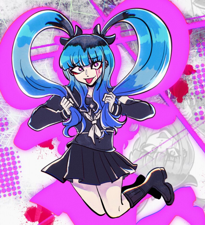 1girl amemiya_darumi black_boots black_bow black_hair black_skirt blood bloody_tears blue_hair boots bow ear_piercing face_piercing hands_up highres holding holding_own_hair last_defense_academy_school_uniform lip_piercing looking_at_viewer ministarfruit multicolored_hair piercing pink_eyes pleated_skirt silhouette skirt the_hundred_line_-last_defense_academy- tongue tongue_out twintails