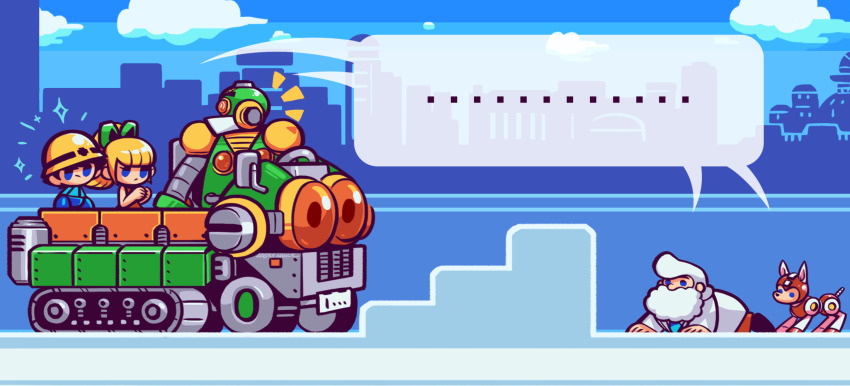 ... 1girl 2boys auto_(mega_man) beard black_hair blonde_hair blue_eyes dr._light_(mega_man) facial_hair green_ribbon hair_ribbon highres laser-lance looking_at_another mega_man_(character) mega_man_(classic) mega_man_(series) mega_man_7 multiple_boys ponytail ribbon roll_(mega_man) rush_(mega_man) shared_speech_bubble short_hair short_ponytail speech_bubble spoken_ellipsis white_hair