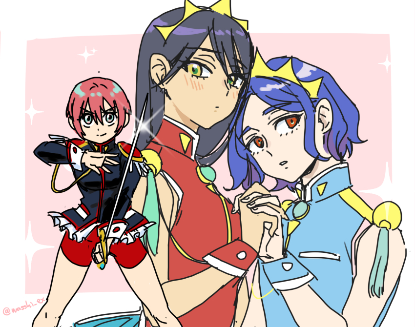 1boy 2girls amate_yuzuriha aqua_eyes black_hair blue_hair blush border colored_inner_hair cosplay crown epaulettes gundam gundam_gquuuuuux highres himemiya_anthy himemiya_anthy_(cosplay) holding holding_hands holding_sword holding_weapon interlocked_fingers jacket long_hair long_sleeves multicolored_hair multiple_girls nyaan_(gundam_gquuuuuux) ootori_gakuen_school_uniform parody pink_background purple_hair red_eyes red_hair school_uniform shirt short_hair shorts shoujo_kakumei_utena shuji_ito simple_background sleeveless smile sword tenjou_utena tenjou_utena_(cosplay) two-tone_hair washi01 weapon white_border yellow_eyes