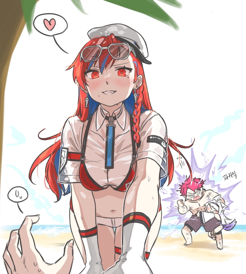 1boy 2girls animal_ears beach black_male_swimwear blue_hair bra braid breasts bruise colored_inner_hair commandant_(pgr) detached_sleeves earrings electricity eyewear_on_head fish_earrings gloves hair_between_eyes heart highres injury large_breasts long_hair long_sleeves male_swimwear multicolored_hair multiple_girls myam_(123ab456c) navel no._21_(pgr) noctis_(pgr) ocean punishing:_gray_raven red_bra red_eyes red_hair see-through_clothes see-through_shirt shirt side_braid streaked_hair sweatdrop tail underwear vera:_garnet_(wavebender)_(pgr) vera_(pgr) white_gloves white_hair white_headwear white_sleeves wolf_ears wolf_tail