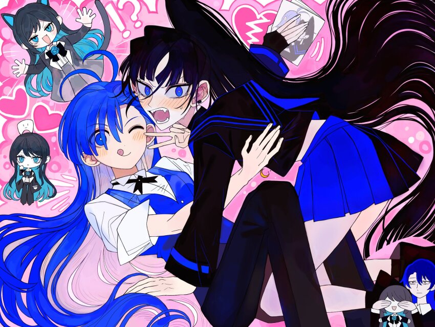 !? 4girls ado_(utaite) ahoge animal_ears atashi_wa_mondaisaku black_coat black_hair black_pants black_ribbon black_shirt blue_eyes blue_hair blue_skirt blue_vest blush cat_ears cat_girl cat_tail chando_(ado) chinese_commentary closed_mouth coat colored_inner_hair commentary_request covering_another&#039;s_eyes dmyfish ear_blush earclip fangs ha-chan_(ado) hair_between_eyes heart highres kemonomimi_mode long_hair multicolored_hair multiple_girls naima_(ado) neck_ribbon open_clothes open_coat open_mouth pants pleated_skirt ponytail readymade_(ado) ribbon shirt skirt tail teeth tongue tongue_out usseewa utaite v vest white_shirt yuri_(object)