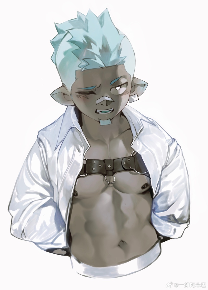 1boy abs absurdres arknights arms_behind_back bara blue_hair blush chameleon_boy chest_harness chinese_commentary commentary_request ethan_(arknights) fangs harness highres male_focus muscular muscular_male navel nipples one_eye_closed open_clothes open_mouth open_shirt pectorals pointy_ears shirt watermark weibo_watermark white_background white_shirt yi_tan_a_mi_ba