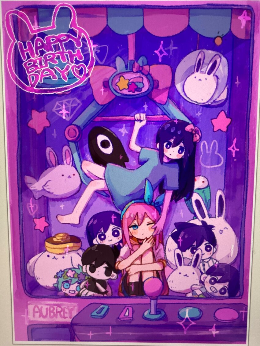 2girls aubrey_(faraway)_(omori) aubrey_(headspace)_(omori) aubrey_(omori) barefoot basil_(headspace)_(omori) basil_(omori) blue_eyes blue_shirt bow character_doll colored_skin crane_game doll fish_bunny_(omori) forest_bunny_(omori) hairband hero_(headspace)_(omori) hero_(omori) highres jacket kel_(headspace)_(omori) kel_(omori) mari_(headspace)_(omori) mari_(omori) milkshake_bunny_(omori) mugi062 multiple_girls omori omori_(omori) pancake_bunny_(omori) pink_bow pink_hair purple_eyes purple_hair shirt short_sleeves sitting something_(omori) space_bunny_(omori) white_jacket white_skin