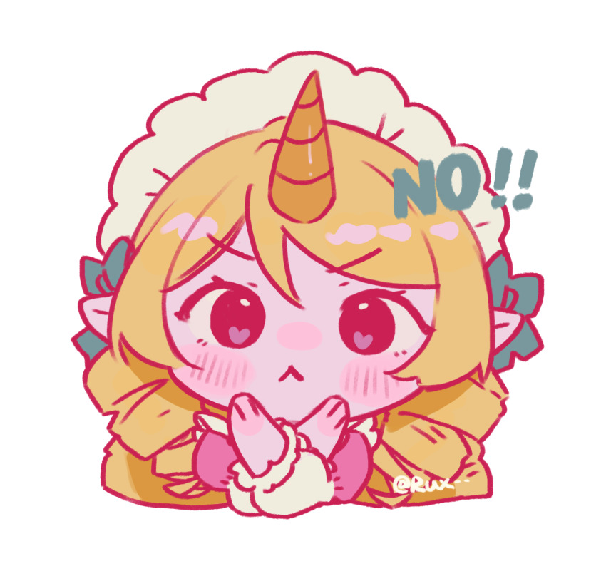 1girl blonde_hair blush cafe_cuties_soraka chibi cropped_torso hands_up highres horns league_of_legends long_hair looking_at_viewer maid_headdress no pointy_ears red_eyes ruan_chen_yue single_horn solo soraka_(league_of_legends) upper_body