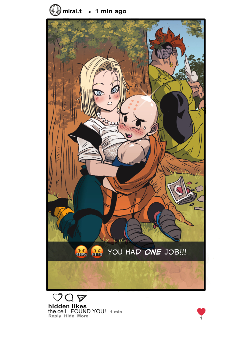 1girl 2boys amartbee android_16 android_18 animal animal_on_hand animal_on_head bald bare_shoulders between_breasts bird bird_on_head black_vest blonde_hair blue_eyes blush breasts caught cell_(dragon_ball) cellphone_photo commentary damaged disheveled dragon_ball dragonball_z earrings english_text grabbing_another&#039;s_breast groping head_between_breasts hetero highres jewelry kuririn looking_at_viewer martial_arts_belt medium_breasts multiple_boys necklace on_head open_clothes open_vest partially_undressed pearl_necklace shirt short_hair short_sleeves t-shirt trunks_(dragon_ball) trunks_(future)_(dragon_ball) undressing vest
